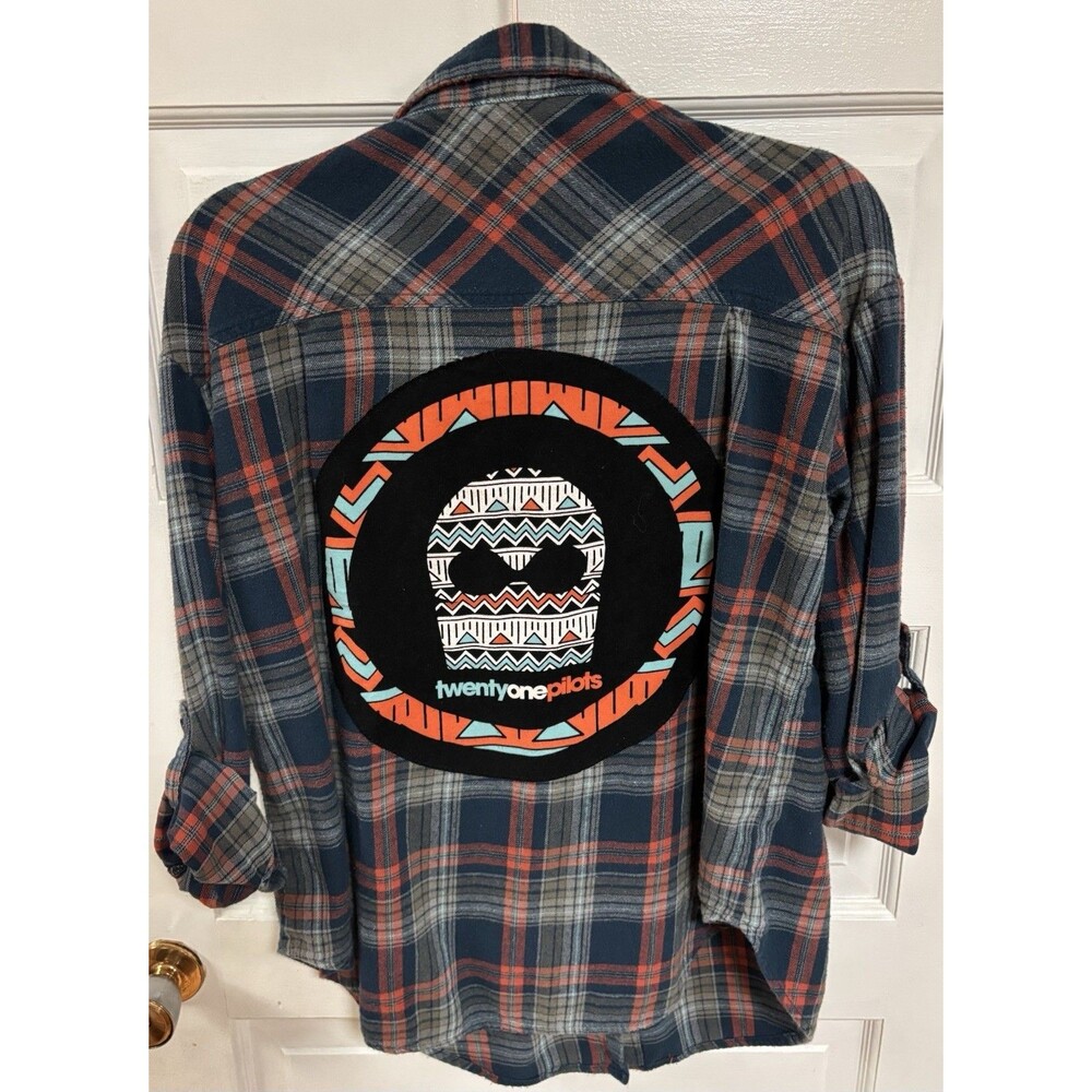 Upcycled Twenty One Pilots Button Down Flannel Top Womens Size Large Grunge Rock
